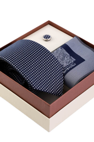 Lacivert Kravat Mendil ve Yaka Rozeti 3'lü Set - 2