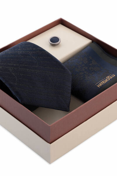 Lacivert Kravat Mendil ve Yaka Rozeti 3'lü Set - 2