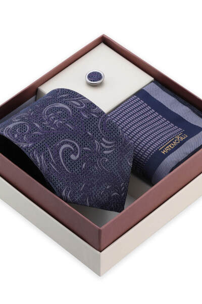 Lacivert Kravat Mendil ve Yaka Rozeti 3'lü Set - 2