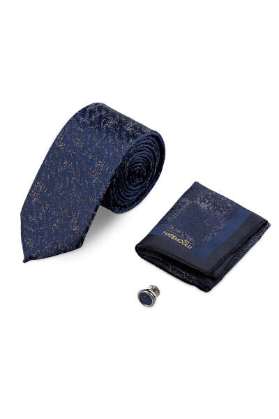 Lacivert Kravat Mendil ve Yaka Rozeti 3'lü Set 