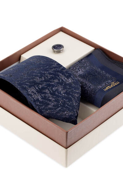 Lacivert Kravat Mendil ve Yaka Rozeti 3'lü Set - 2