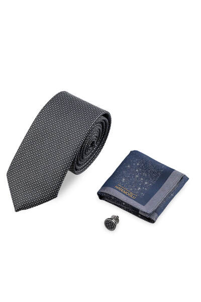 Lacivert Kravat Mendil ve Yaka Rozeti 3'lü Set 