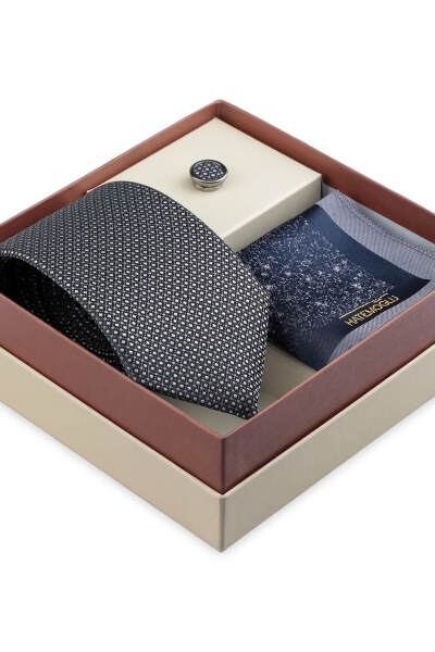 Lacivert Kravat Mendil ve Yaka Rozeti 3'lü Set - 2