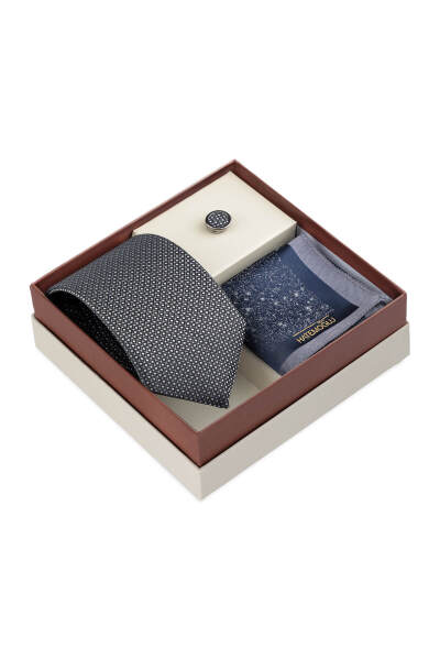 Lacivert Kravat Mendil ve Yaka Rozeti 3'lü Set - 3
