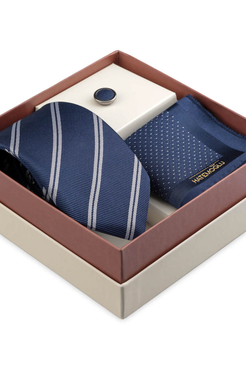 Lacivert Kravat Mendil ve Yaka Rozeti 3'lü Set - Hatemoğlu (1)