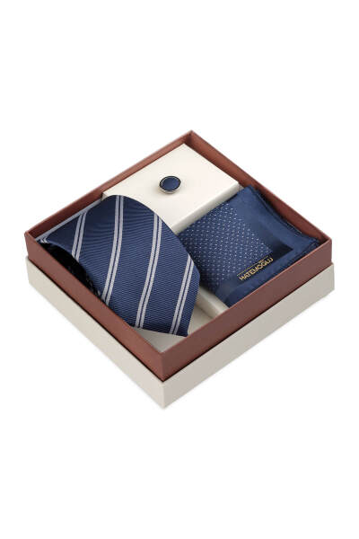 Lacivert Kravat Mendil ve Yaka Rozeti 3'lü Set - 3