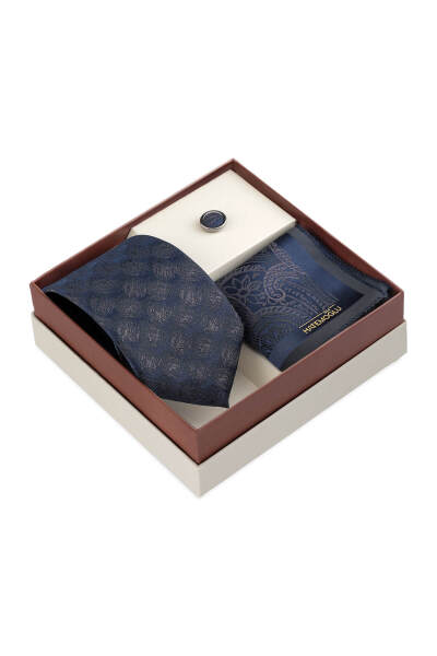 Lacivert Kravat Mendil ve Yaka Rozeti 3'lü Set - 3