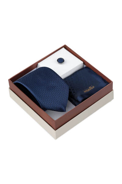 Lacivert Kravat Mendil ve Yaka Rozeti 3'lü Set - 2