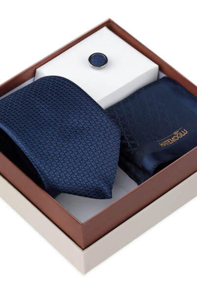 Lacivert Kravat Mendil ve Yaka Rozeti 3'lü Set - 2