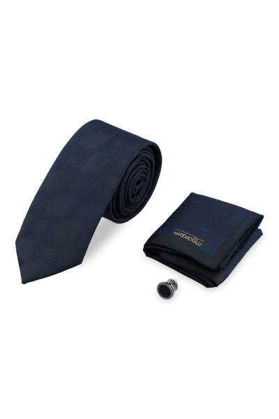 Lacivert Kravat Mendil ve Yaka Rozeti 3'lü Set - 1