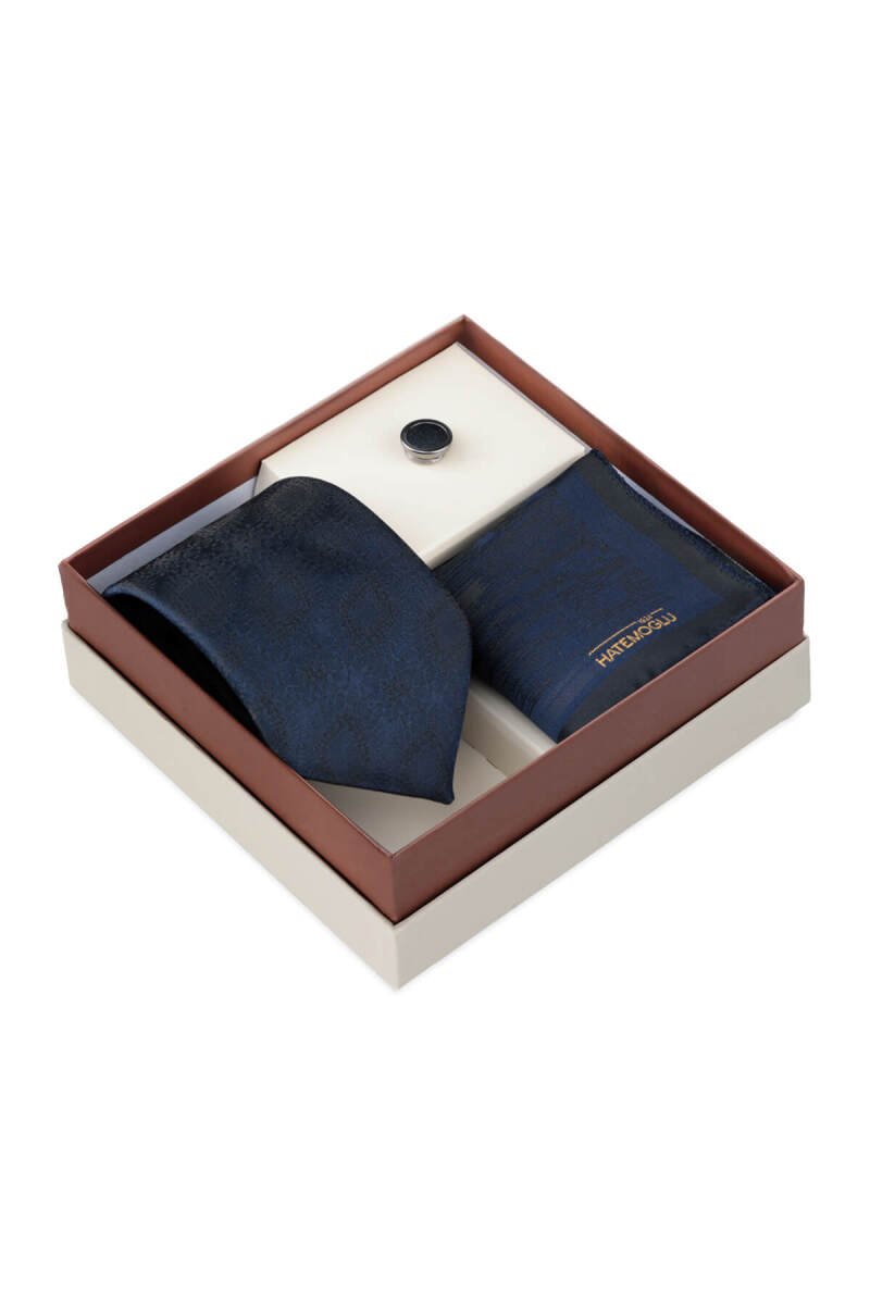 Lacivert Kravat Mendil ve Yaka Rozeti 3'lü Set - Hatemoğlu (1)