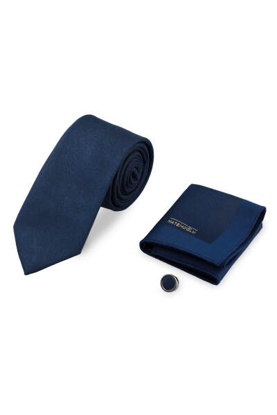 Lacivert Kravat Mendil ve Yaka Rozeti 3'lü Set 