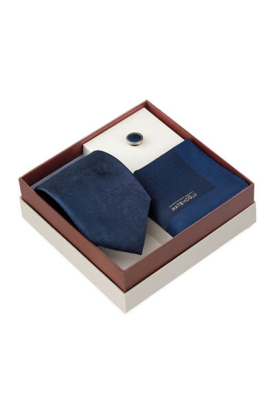 Lacivert Kravat Mendil ve Yaka Rozeti 3'lü Set - 2