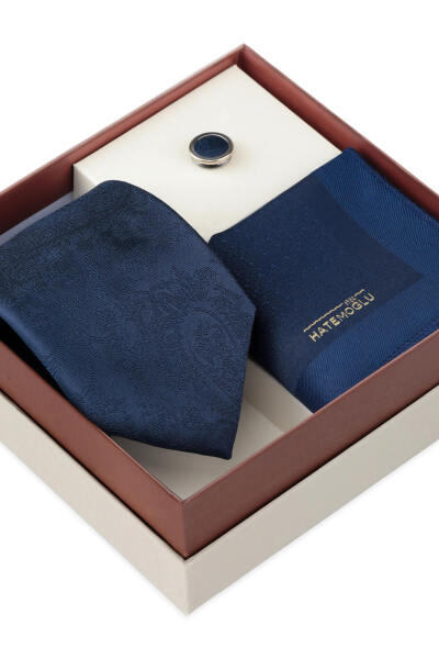 Lacivert Kravat Mendil ve Yaka Rozeti 3'lü Set - 3