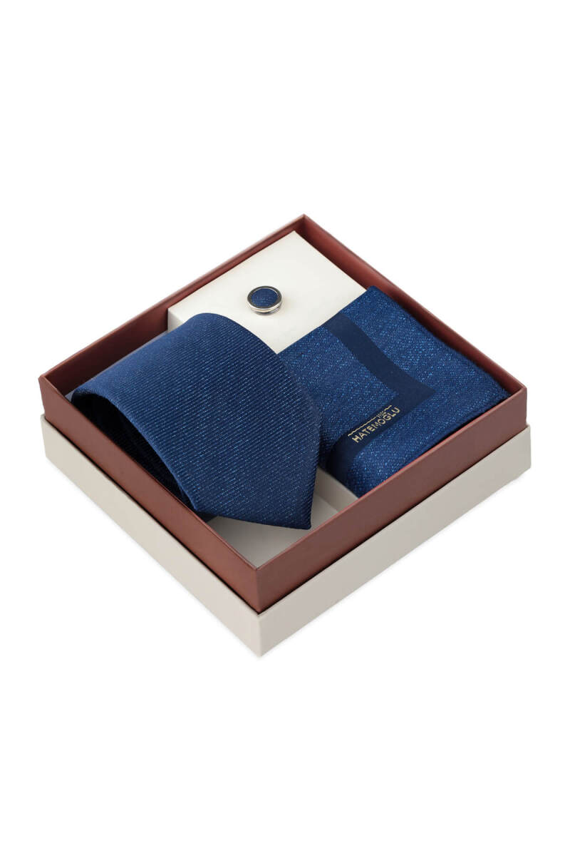 Lacivert Kravat Mendil ve Yaka Rozeti 3'lü Set - Hatemoğlu (1)