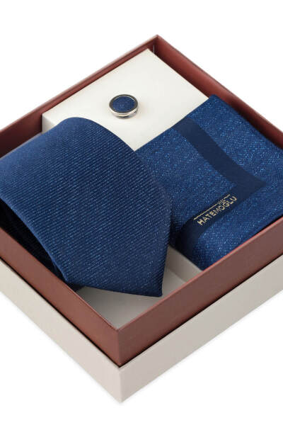 Lacivert Kravat Mendil ve Yaka Rozeti 3'lü Set - 2