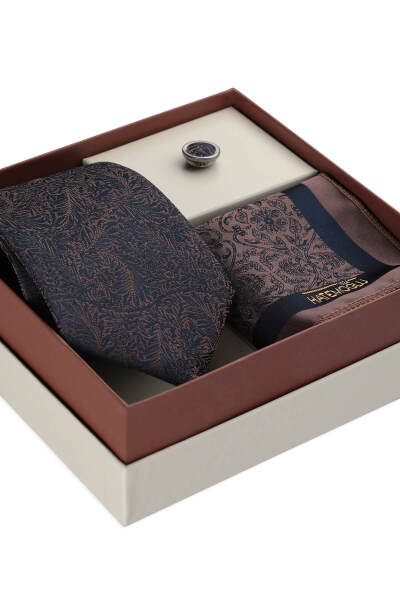 Lacivert Kravat Mendil ve Yaka Rozeti 3'lü Set - 3