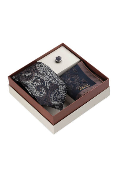 Lacivert Kravat Mendil ve Yaka Rozeti 3'lü Set - 2