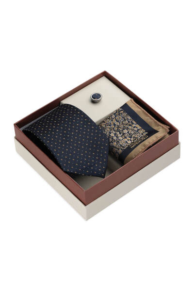 Lacivert Kravat Mendil ve Yaka Rozeti 3'lü Set - 2