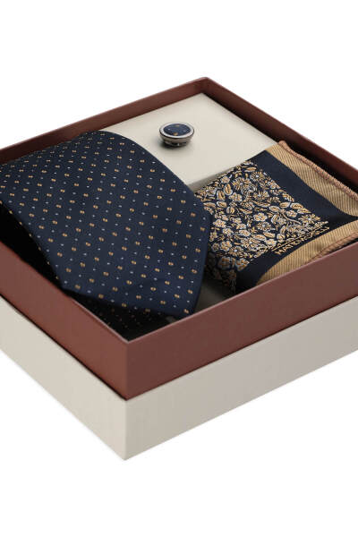 Lacivert Kravat Mendil ve Yaka Rozeti 3'lü Set - 3