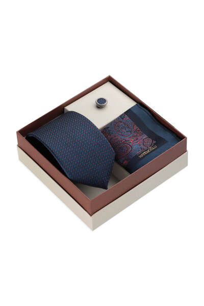 Lacivert Kravat Mendil ve Yaka Rozeti 3'lü Set - 2