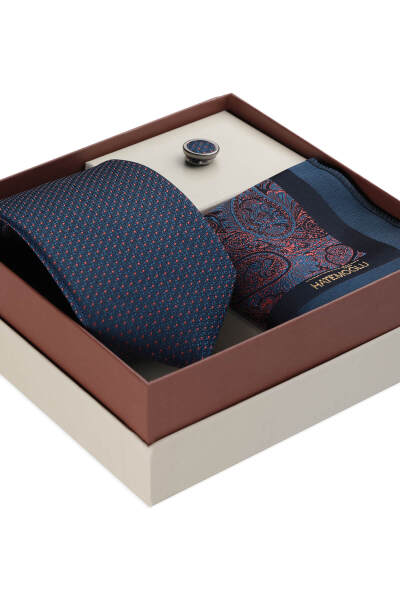 Lacivert Kravat Mendil ve Yaka Rozeti 3'lü Set - 3