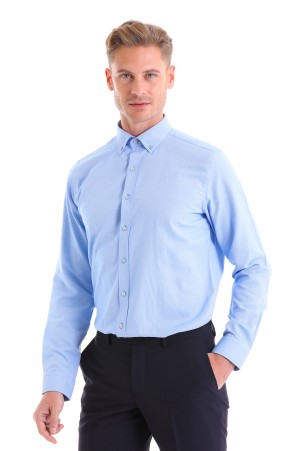 Lacivert Comfort Fit Baskılı Pamuklu Slim Yaka Uzun Kollu Klasik Gömlek - Thumbnail