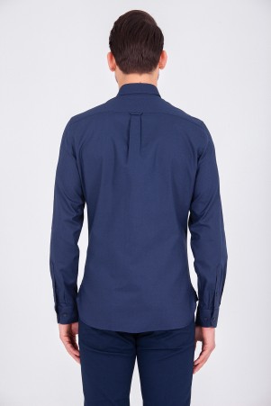 Lacivert Slim Fit Düz 100% Pamuk Uzun Kol Oxford Gömlek - Thumbnail