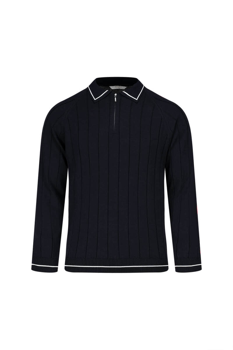 Lacivert Ragular Fit Fermuarlı Polo Yaka Rayon Triko Kazak