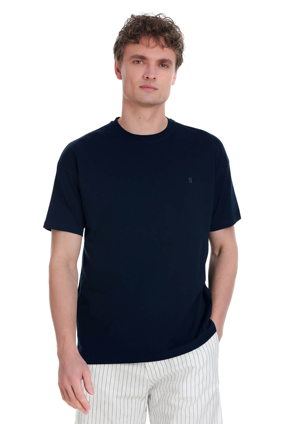 Lacivert Regular Fit 100% Pamuk Bisiklet Yaka Oversize Tişört - 1