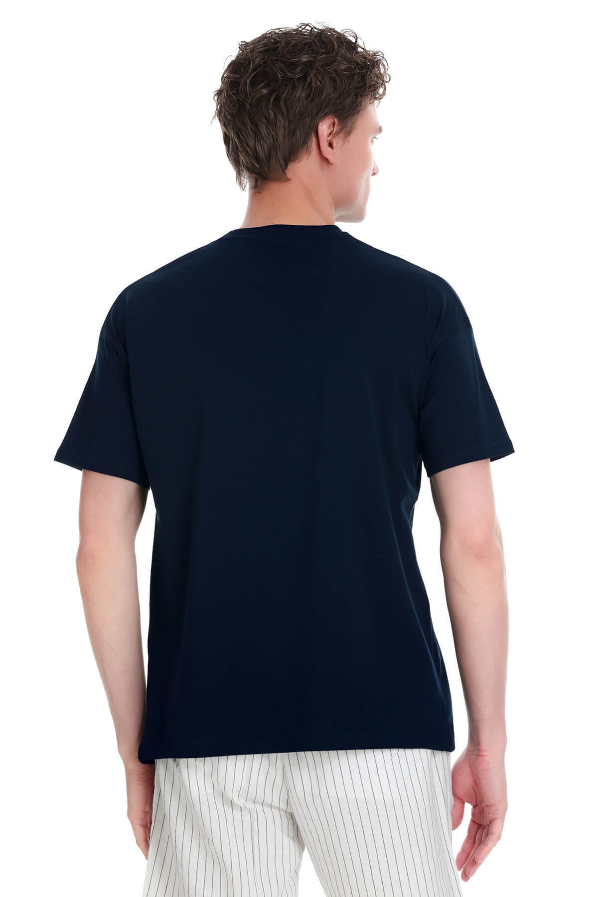 Lacivert Regular Fit 100% Pamuk Bisiklet Yaka Oversize Tişört - 5