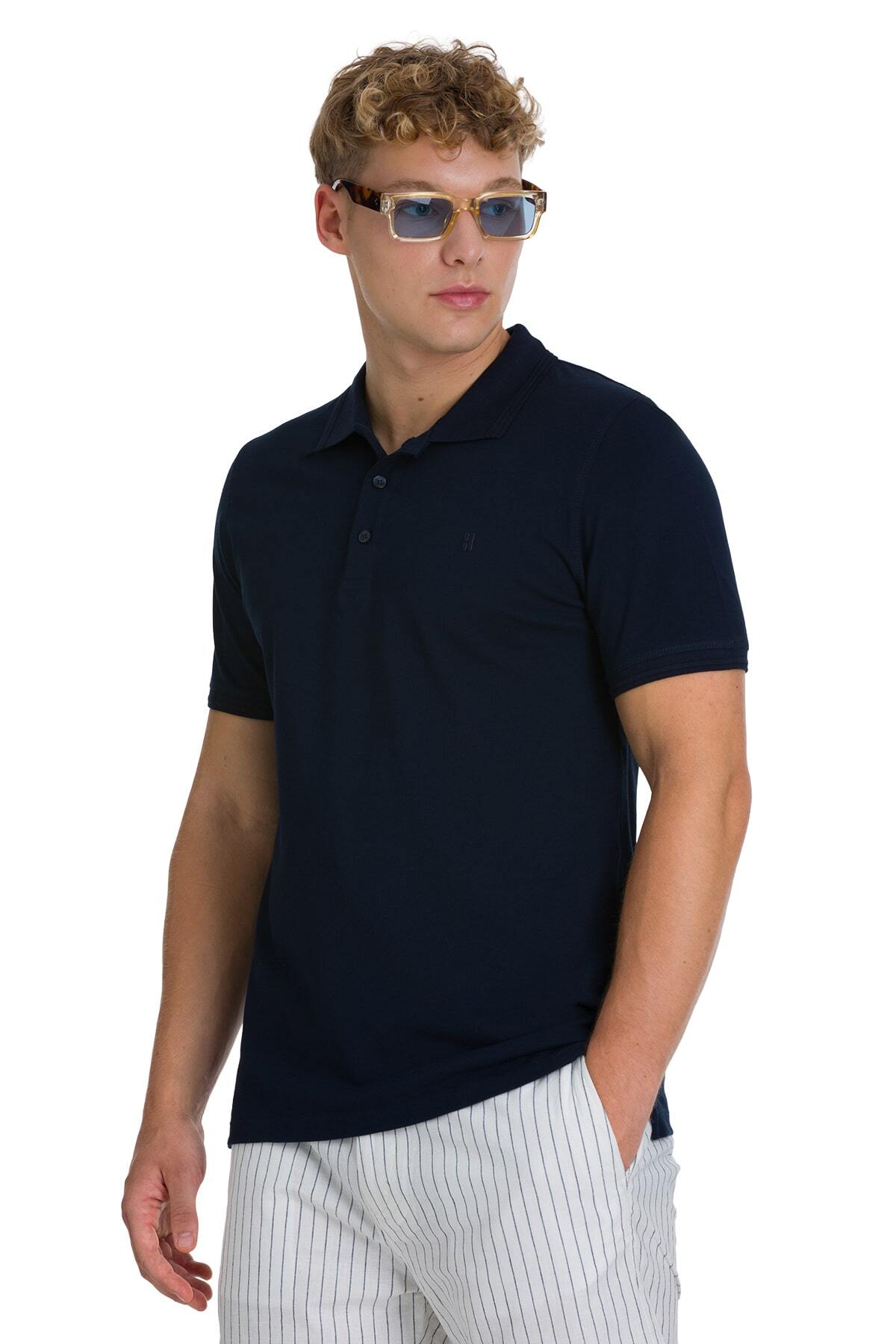 Lacivert Regular Fit 100% Pamuk Kıvrılmaz Polo Yaka Tişört - 3