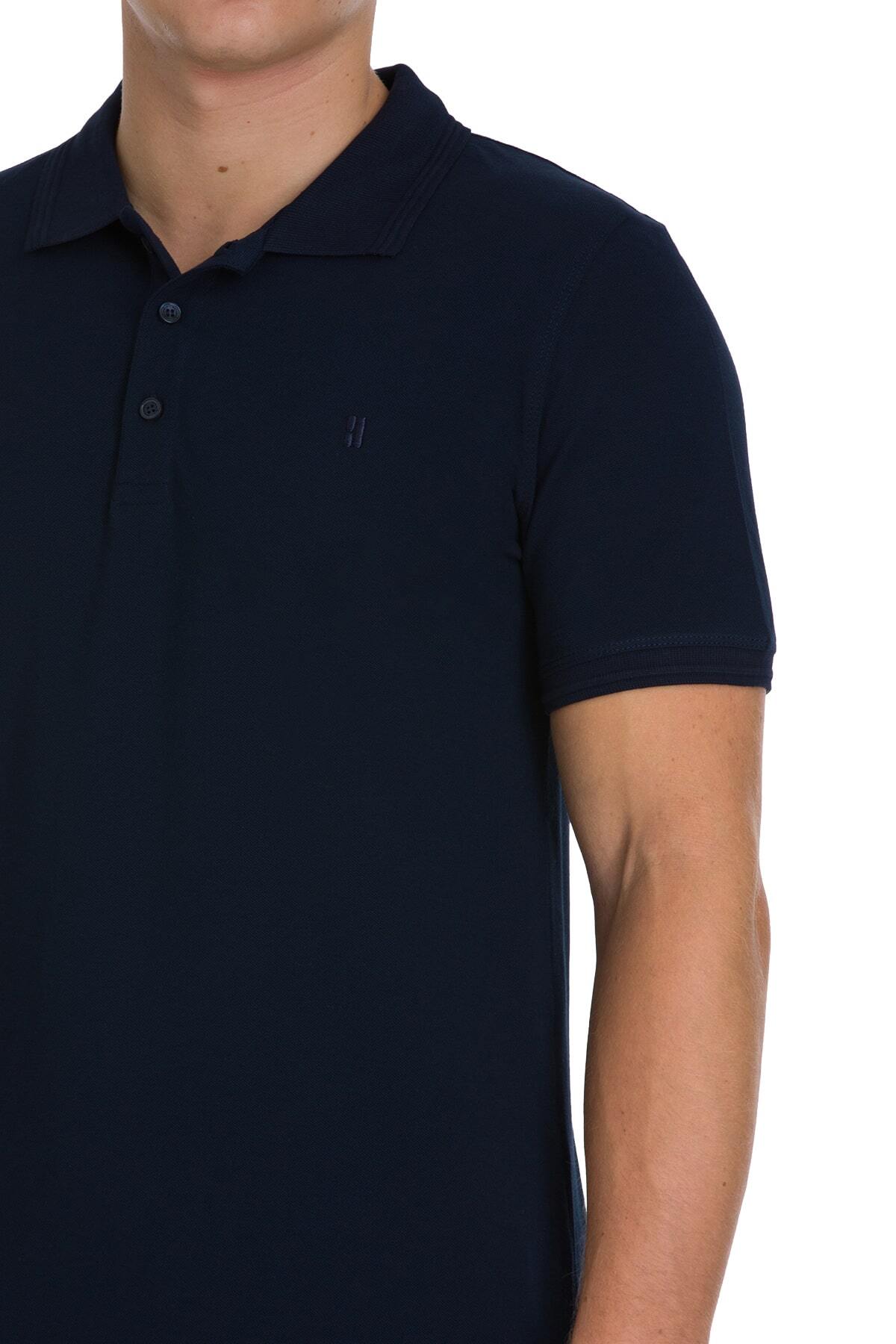 Lacivert Regular Fit 100% Pamuk Kıvrılmaz Polo Yaka Tişört - 4