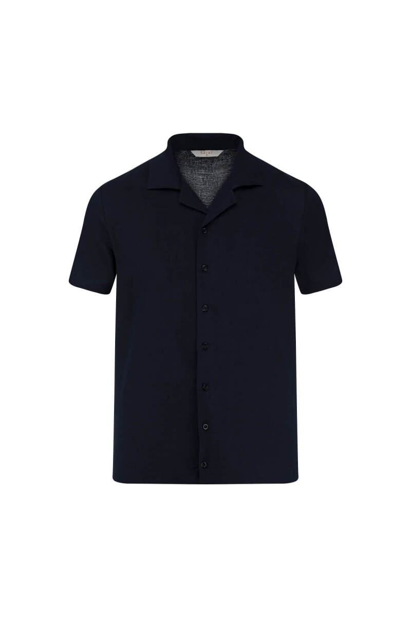 Lacivert Regular Fit Apaş Yaka Keten Gömlek - Saykı