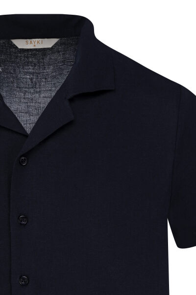 Lacivert Regular Fit Apaş Yaka Keten Gömlek - 2