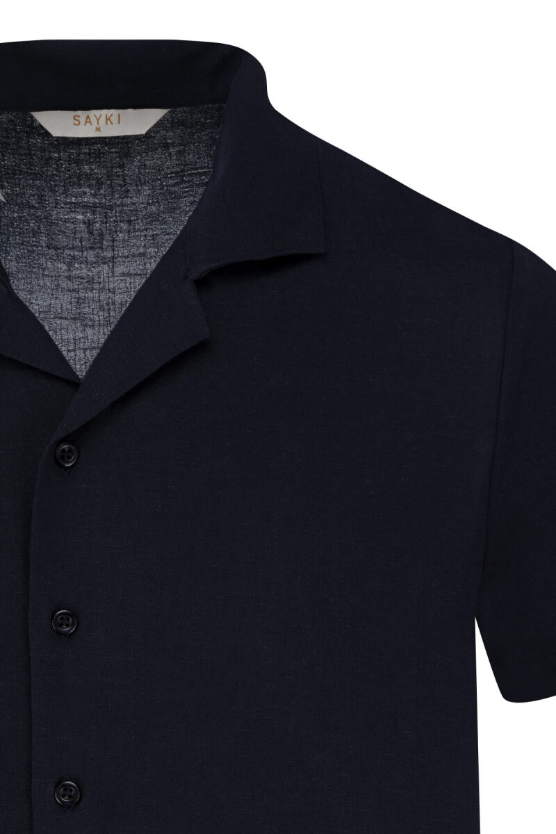 Lacivert Regular Fit Apaş Yaka Keten Gömlek - Saykı (1)