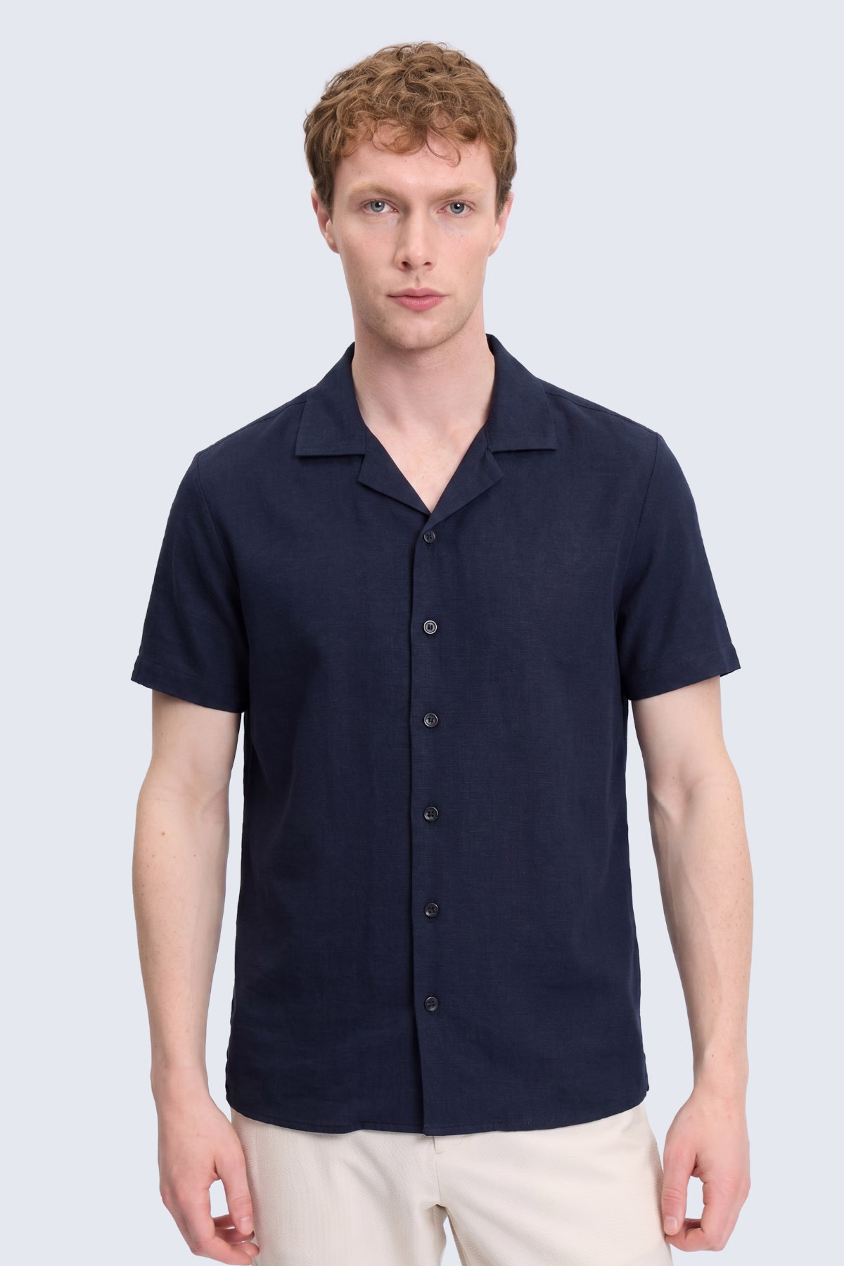 Lacivert Regular Fit Apaş Yaka Keten Gömlek - 1