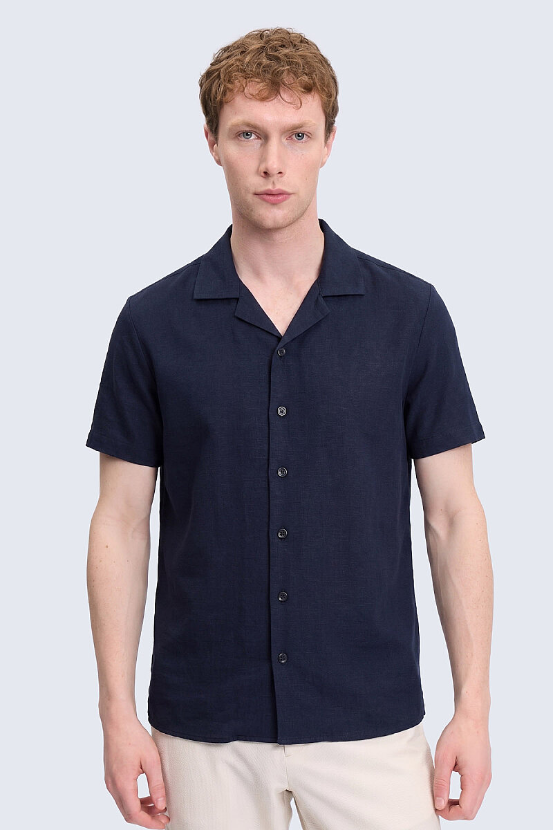 Lacivert Regular Fit Apaş Yaka Keten Gömlek