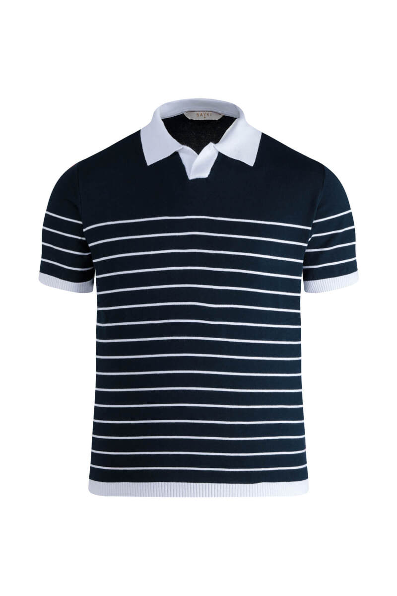 Lacivert Regular Fit Apaş Yaka Pamuklu Tişört - Hatemoğlu