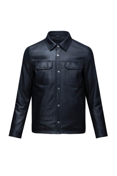 Lacivert Regular Fit Bebe Yaka 100% Hakiki Deri Mont 
