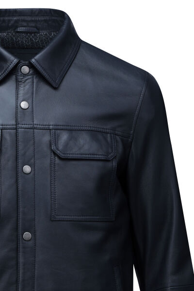 Lacivert Regular Fit Bebe Yaka 100% Hakiki Deri Mont - 2