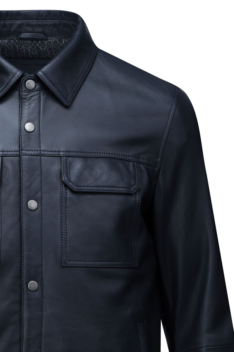 Lacivert Regular Fit Bebe Yaka 100% Hakiki Deri Mont - Saykı (1)