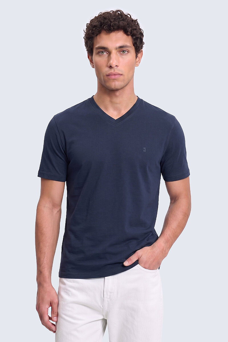 Lacivert Regular Fit Bisiklet Yaka Pamuklu Tişört