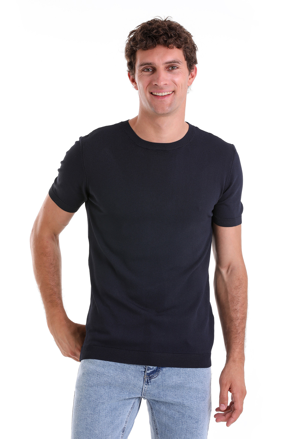 Lacivert Regular Fit Bisiklet Yaka Rayon Tişört - 1