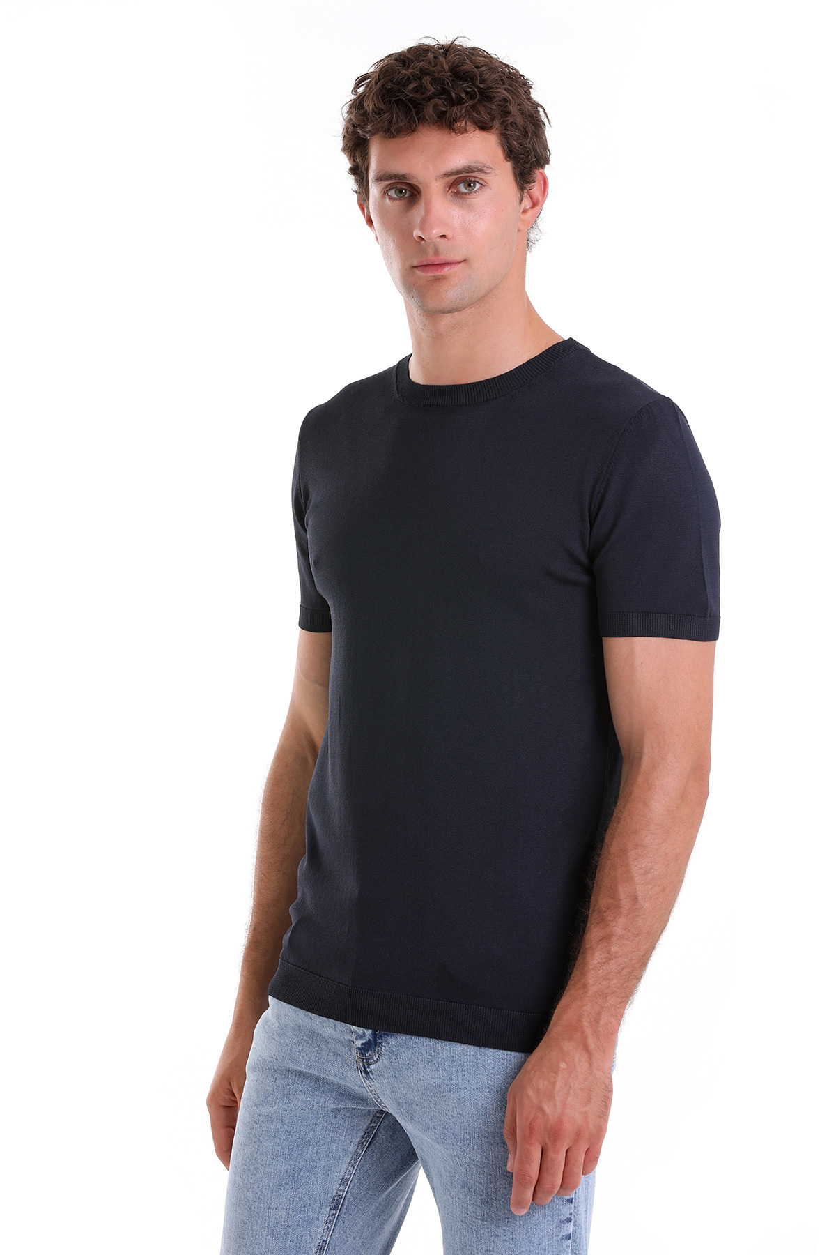 Lacivert Regular Fit Bisiklet Yaka Rayon Tişört - 3