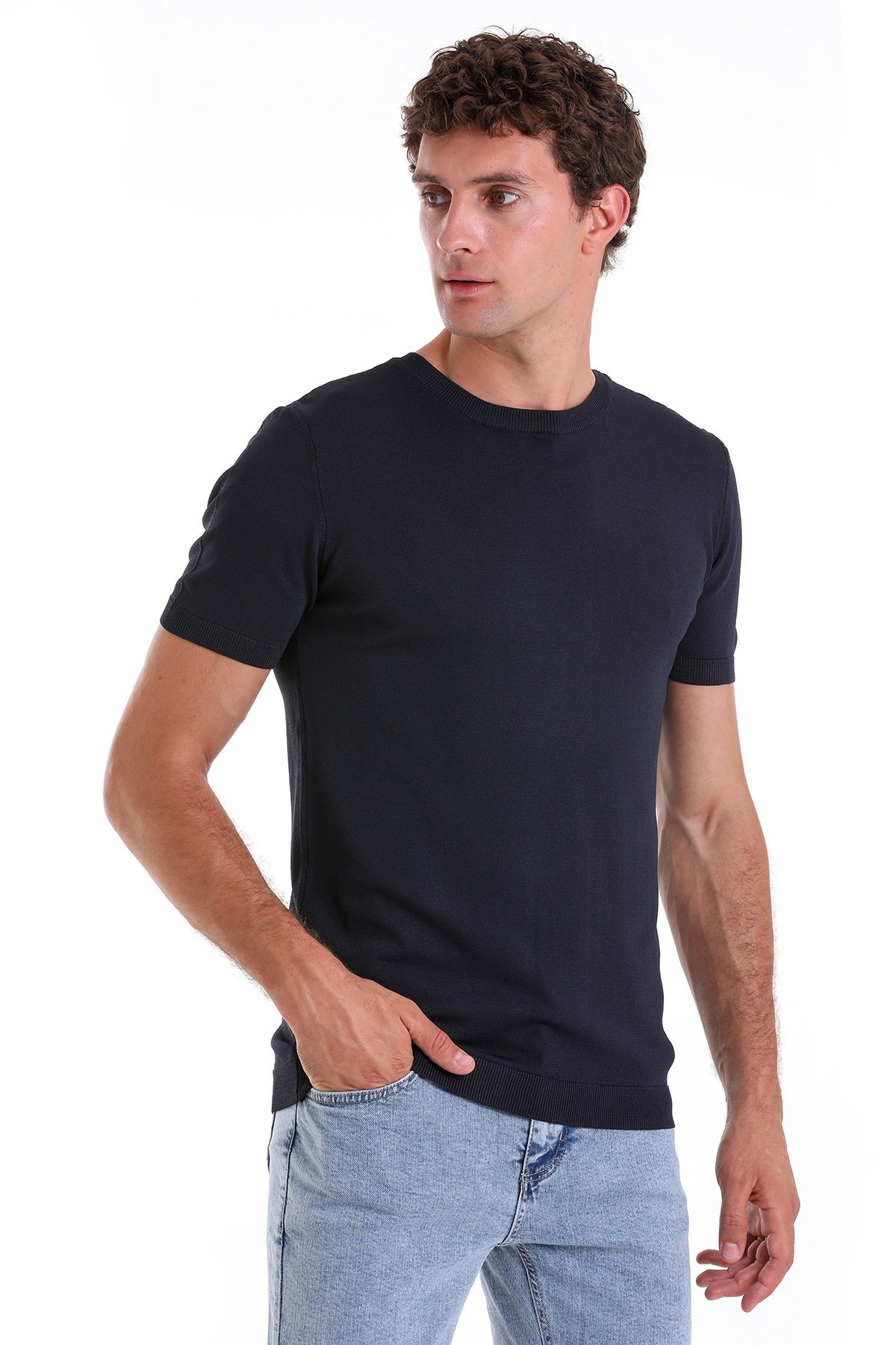 Lacivert Regular Fit Bisiklet Yaka Rayon Tişört - 6