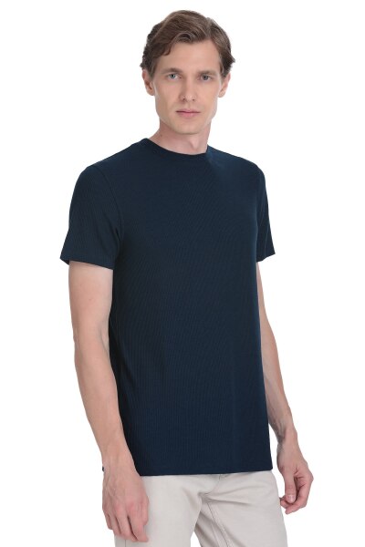 Lacivert Regular Fit Bisiklet Yaka Tişört - 2