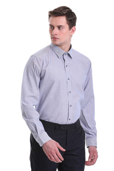 Lacivert Regular Fit Çizgili 100% Pamuklu Slim Yaka Uzun Kollu Klasik Gömlek - 2