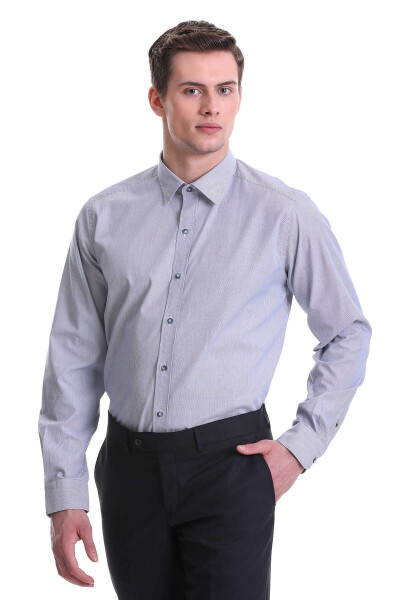 Lacivert Regular Fit Çizgili 100% Pamuklu Slim Yaka Uzun Kollu Klasik Gömlek - 3