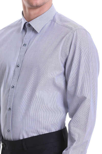 Lacivert Regular Fit Çizgili 100% Pamuklu Slim Yaka Uzun Kollu Klasik Gömlek - 4